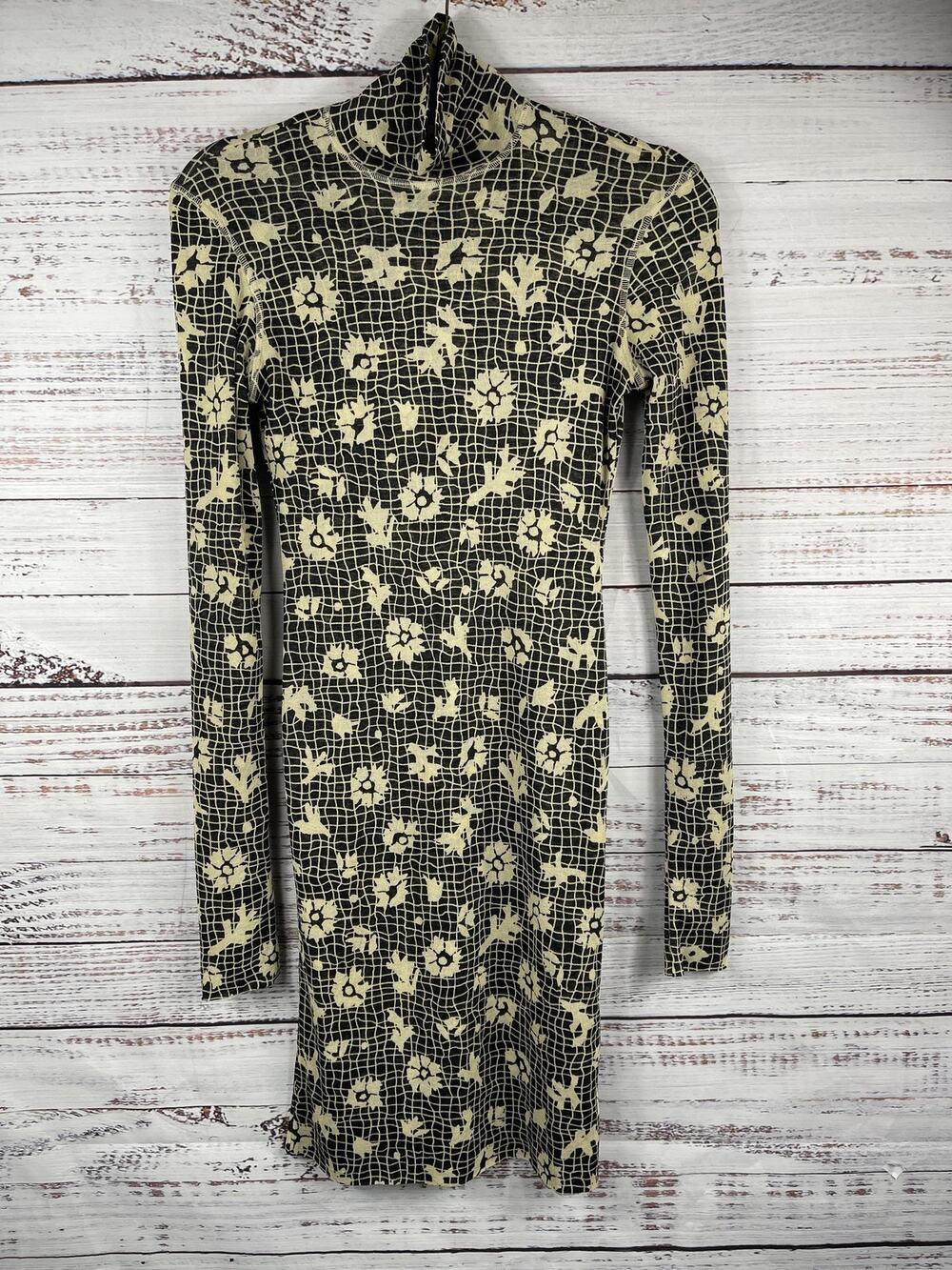 Nanushka Dress Women's Small Black Tan Turtleneck Long Sleeve Floral Grid Print